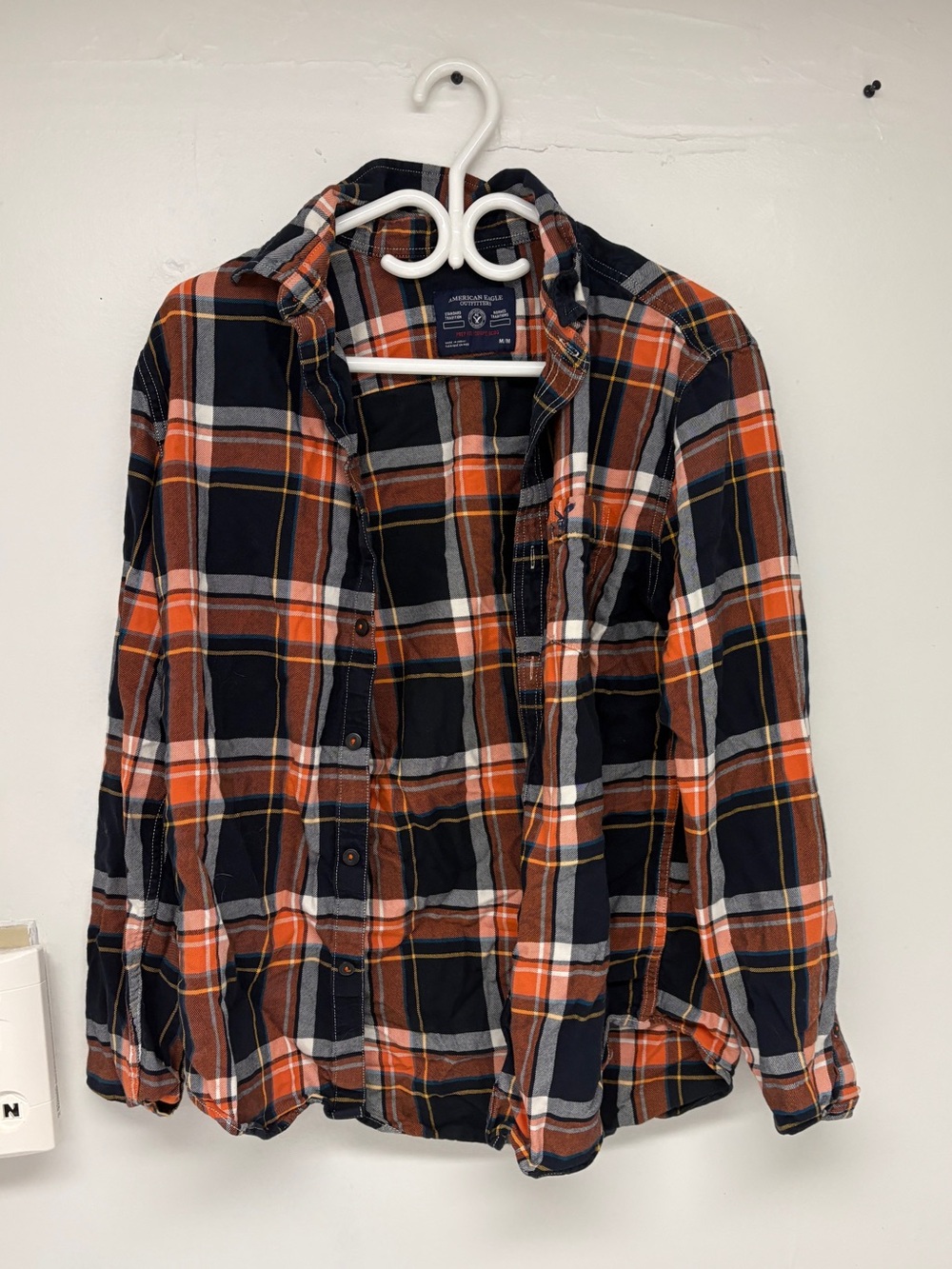 American Eagle Outfitters Prep Fit M Orange and Navy Flannel Shirt
